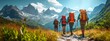 Mountain travel hike people adventure man summer journey tourism group sunset trekking. Hike travel woman mountain walk active backpack nature together sport young trail outdoor tourist hiker person
