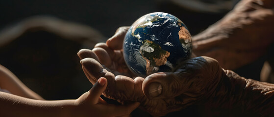 Wall Mural - Hands of an old man holding the planet Earth handing it to a child - Concept of saving the planet