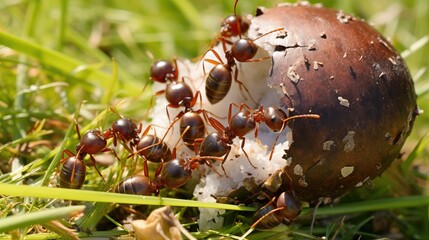 Wall Mural - Ants swarming over a recently eaten and discarded pear fruit core on grass.


