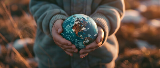 Wall Mural - Hands of a child holding the planet Earth - Concept of saving the planet