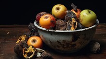 Bowl Of Rotting Fruit On Table.


