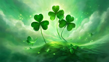 Shamrock Background. Irish Three-leaf Clover. St. Patrick's Day. National Holiday Of Ireland. Selective Focus. AI Generated