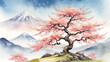 Fuji mountain with blooming cherry trees ins pring watercolor painted style