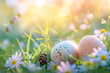 Easter eggs and spring flowers in the garden. Easter background.
