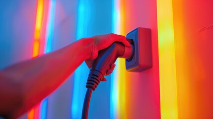 Wall Mural - A hand holds a EV charger against a vivid background