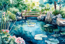 A Wondrous Watercolor Illustration Of A Japanese Garden, With A Small Pond And A Traditional Japanese Bridge