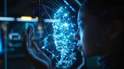technologiy with ai information of face scan of female person