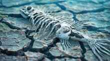 Climate Change And Global Warming Concept Depicted With A Fish Bone On Cracked Earth, Representing Impact On Aquatic Life, Alongside Fish Swimming In The Ocean, Illustrating The Environmental Contrast