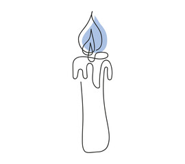 Wall Mural - Wax candle with blue flame. Burning decorative aroma candle. Continuous one line drawing. Line art. Isolated on white backdrop. Design element for print, greeting, postcard, scrapbooking. Colored