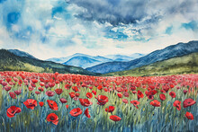 A Picturesque Watercolor Painting Of A Field Of Poppies, With A Mountain Range In The Background