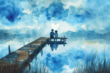 A Peaceful Watercolor Illustration Of A Couple Sitting On A Dock, With A Heart-shaped Reflection In The Water