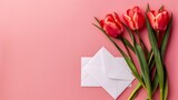 Fototapeta Tulipany - letter with beautiful tulips, on a unicolor background generative ai