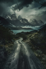 Wall Mural - Road leading to lake under the mountains.