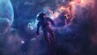 Astronaut in the outer space over the planet earth with glowing huge nebula. Abstract space wallpaper. Elements of this image furnished by nasa