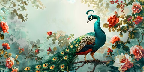 Sticker - large Royal peacock with an open tail in exotic flowers, vintage style. Digital illustration for t shirt, prints, posters, postcards, stickers, tattoo
