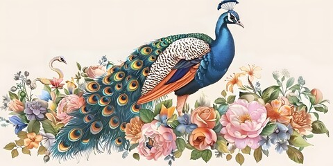 Wall Mural - large Royal peacock with an open tail in exotic flowers, vintage style. Digital illustration for t shirt, prints, posters, postcards, stickers, tattoo
