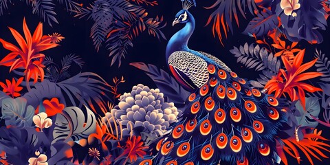 Canvas Print - large Royal peacock with an open tail in exotic flowers, vintage style. Digital illustration for t shirt, prints, posters, postcards, stickers, tattoo
