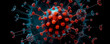A striking 3D visualization presents the coronavirus with red spikes on a teal blue envelope, offering a detailed view  virus's structure, pivotal for understanding its biology and impact on health.