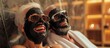 Two senior men, wearing black facial masks, sit next to each other in a sauna. They are relaxing and enjoying the experience, sharing laughter and conversation.
