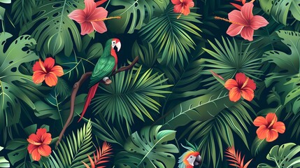 Wall Mural - Seamless pattern with exotic trees, flowers and birds. Exotic tropical green jungle palm, leaves with trendy bird background. - VectorTexture for wrapping, textile wallpapers, surface design