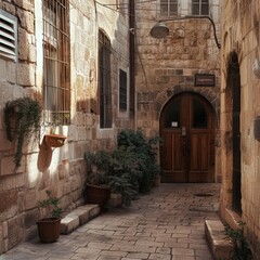 a stone building with a door and plants in the back