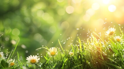 Wall Mural - Spring. Beautiful natural background of green grass and wild flower with dew and water drops on sunlight green background. horizontal banner with copy space
