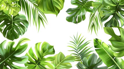 Wall Mural - Vector banner with green tropical leaves on white background. Exotic botanical design for cosmetics, spa, perfume, beauty salon, travel agency.
