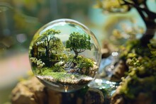 A Serene Miniature Garden Scene Enclosed Within A Transparent Crystal Ball.