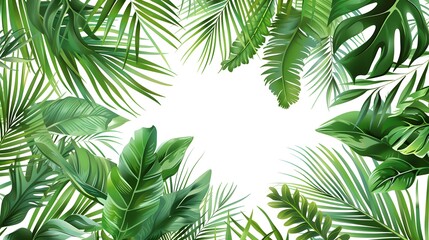  Vector banner with green tropical leaves on white background. Exotic botanical design for cosmetics, spa, perfume, beauty salon, travel agency.
