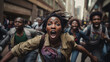 screaming black woman running with crowd in the background