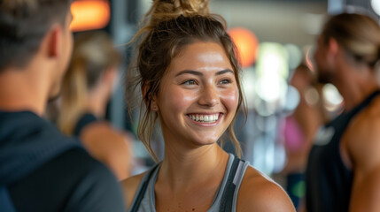 Wall Mural - a young happy looking sporty woman in a team