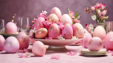  Traditional Easter colored eggs. The table is set for the holiday in pink tones. napkin and plate with treats.