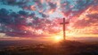  Holy cross on hill with dramatic sunrise background for Easter Christian resurrection of Jesus Christ.