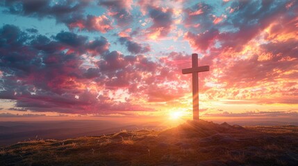  Holy cross on hill with dramatic sunrise background for Easter Christian resurrection of Jesus Christ.