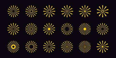 Poster - large collection of golden sunbursts – set of isolated simple radial patterns – abstract radial stri