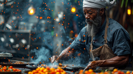 An elder man grilling food at a hawker stall in the city