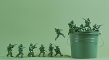 A Group Of Green Plastic Toy Soldiers Is Positioned In Various Stances Of Combat Around And On Top Of A Metal Bucket. The Green Backdrop  Enhances The Monochrome Aesthetic