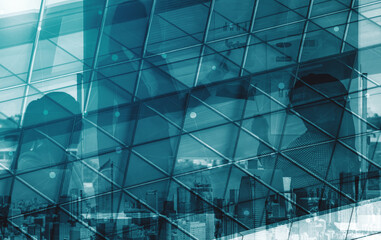 Wall Mural - double exposure image of faded business abstract background with office building and people conferen