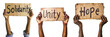 African American hands rising signs that says solidarity, unity and hope. Isolated over white transparent background