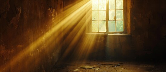 A beam of divine light pierces through an old window, illuminating a dark and shadowy room with its warm glow. The contrast between light and darkness creates a striking visual effect.