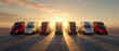 
a lineup of seven trucks, with the central one facing forward and the others angled towards it, all set against a backdrop of a beautiful sunset.
