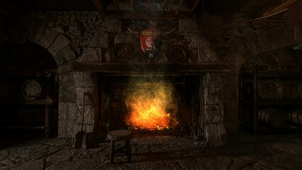 Poster - Animated 3D render of a fireplace in an old medieval inn with cooking pot on a burning fire.