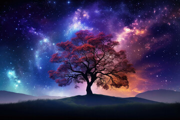 Wall Mural - captivating view of the milky way galaxy and colorful nebulae against a dark night sky with a silhou