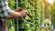 A farmer and an engineer examining the root system of plants in a vertical hydroponic farm, discussing nutrient delivery systems, Vertical Farm, blurred background, with copy space