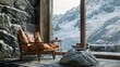 Penthouse interior and surrounding mountain landscape. Close-up shots to highlight elements such as wood grain, stone surfaces, luxurious fabrics and architectural features