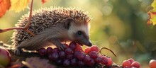 A Hedgehog Is Actively Eating Grapes While Perched On A Branch In This Scene. The Spiky Creature Appears To Be Relishing The Sweet Fruit As It Consumes Them.