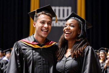 Wall Mural - Two graduates in caps and gowns celebrating their academic success at a graduation ceremony