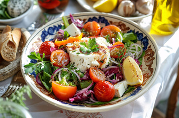 Wall Mural - Fresh Greek Salad with Feta Cheese and Colorful Vegetables