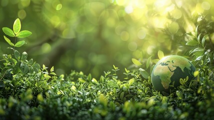 Wall Mural - International environmental conservation efforts, featuring a healthy planet Earth and green leaves, with the scene set against a hopeful light green background.