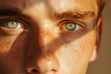 Sticker - Close up of a young man with freckles on his face. Generative AI.